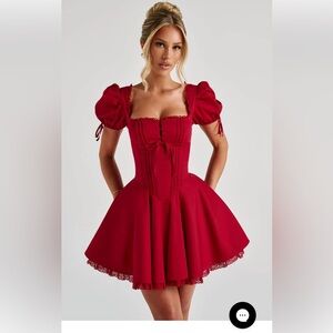Elegant Red Puff Sleeve Midi Dress